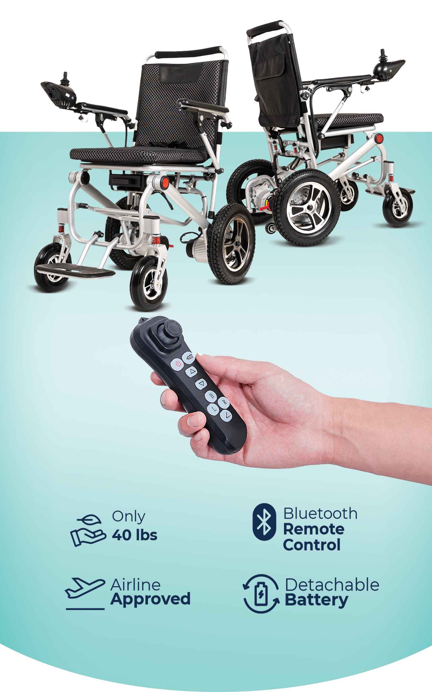 power assisted wheelchairs
lightweight electric wheel chair
Bluetooth remote control
detachable battery
Airplane Approved